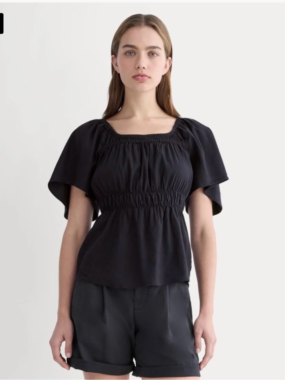 Everlane Black Smocked European Linen Flutter Sleeve Blouse
